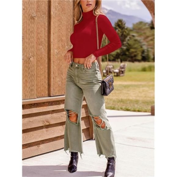 Mock Turtle Neck Long Sleeve Tight Ribbed Tops Cropped Sweaters For Women - Picture 4 of 6